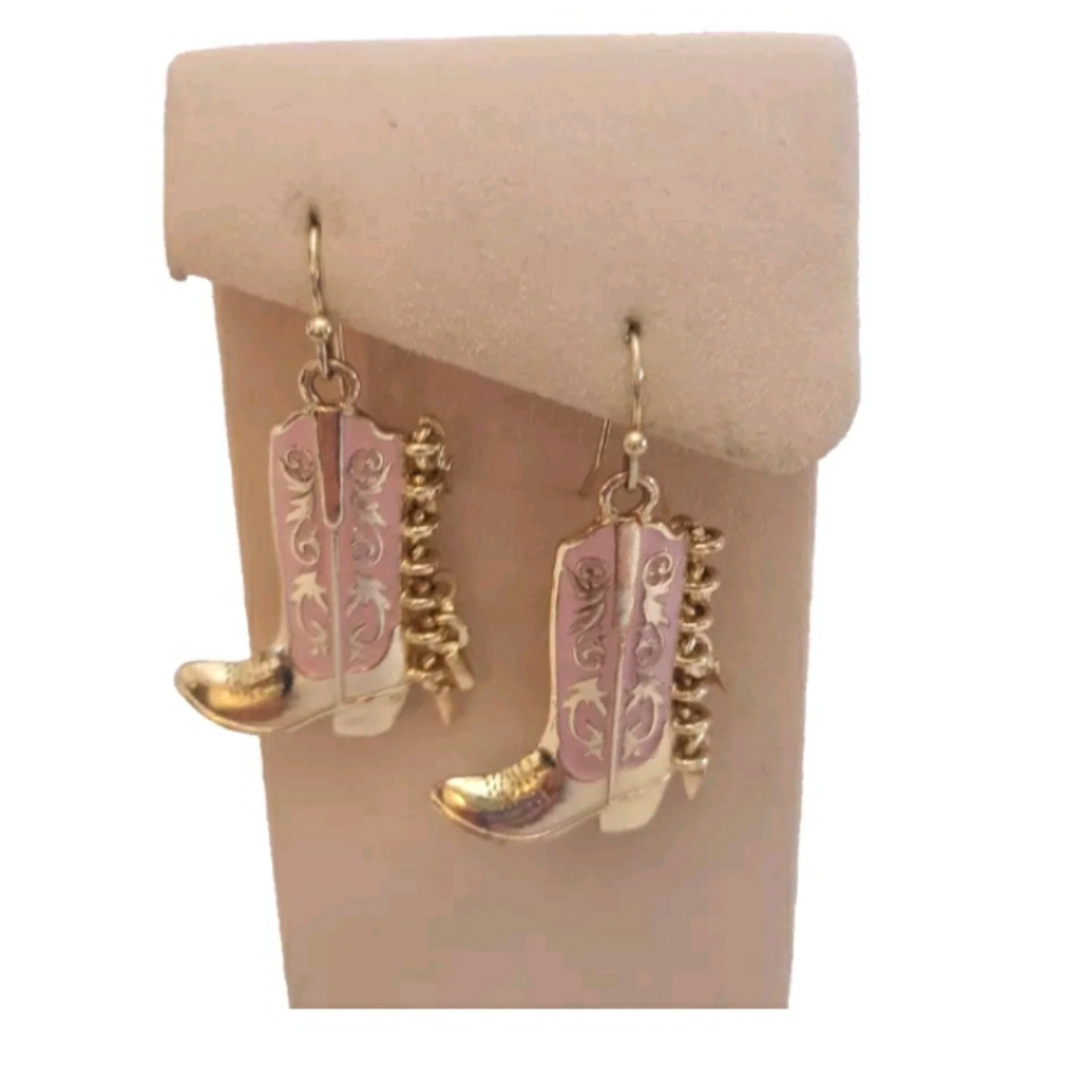 Western Cowgirl Boot Dangle Earrings Blush Pink Enamel Gold Tone Charm Accents